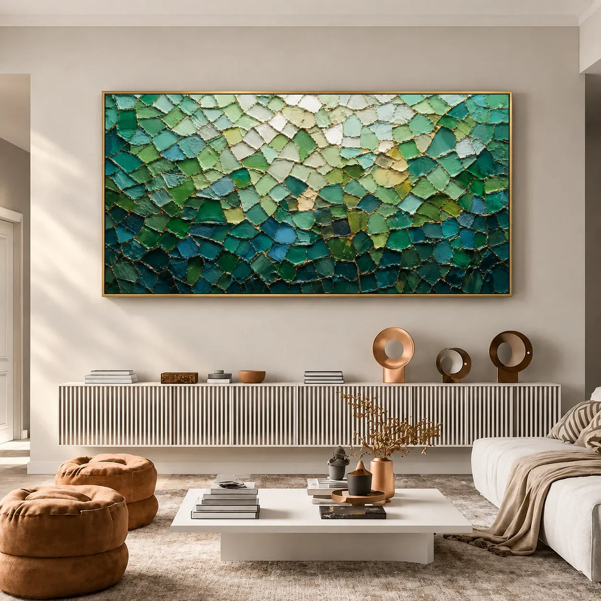 Emerald Mosaic with a Pale Green Glow Wall Art styled interior scene 3 | Olyrel