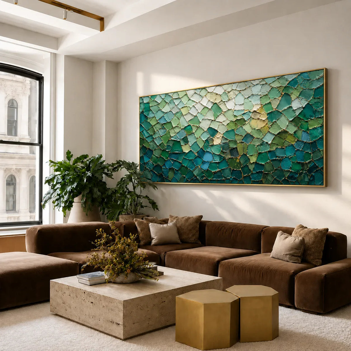 Emerald Mosaic with a Pale Green Glow Wall Art styled interior scene 4 | Olyrel