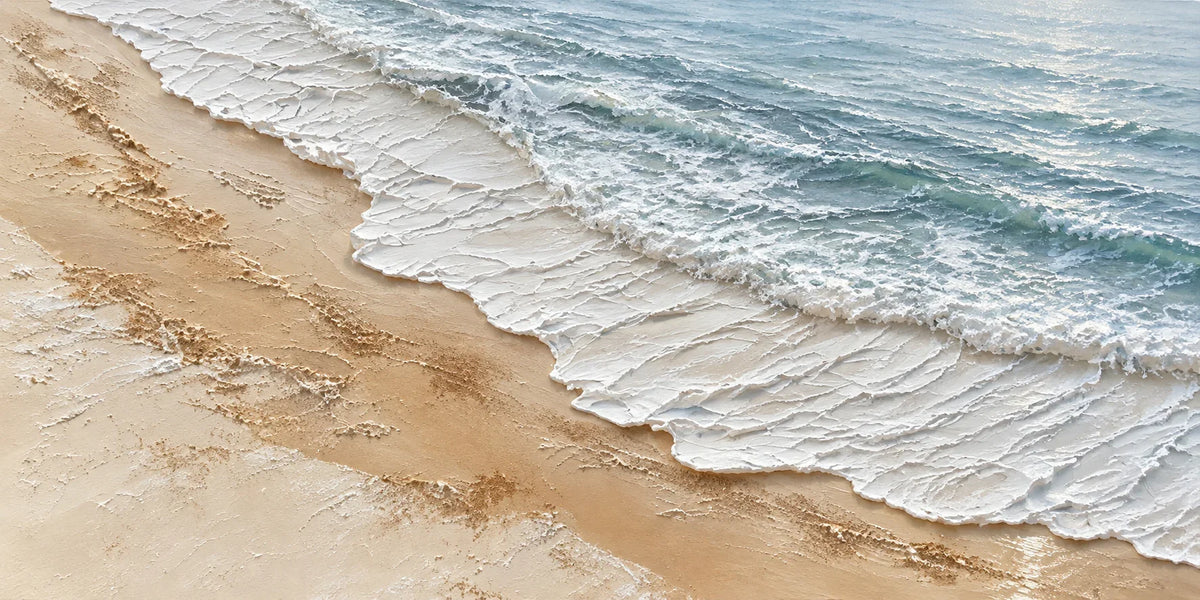 Foamy Surf Along a Golden Sand Shore Wall Art artwork view | Olyrel