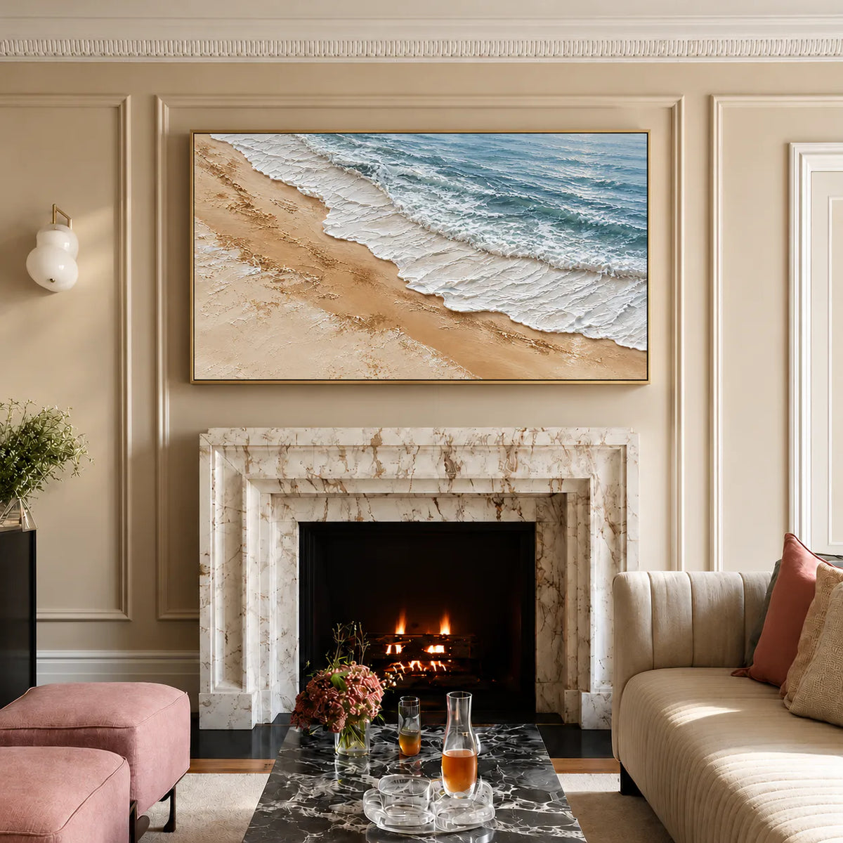 Foamy Surf Along a Golden Sand Shore Wall Art styled interior scene 1 | Olyrel