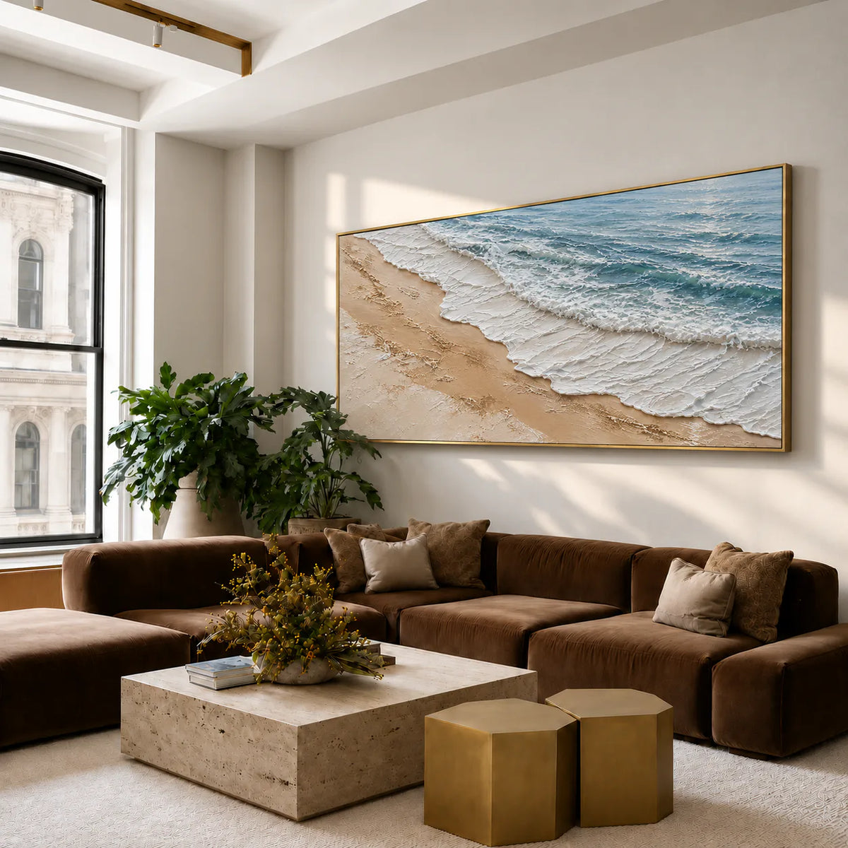 Foamy Surf Along a Golden Sand Shore Wall Art styled interior scene 2 | Olyrel
