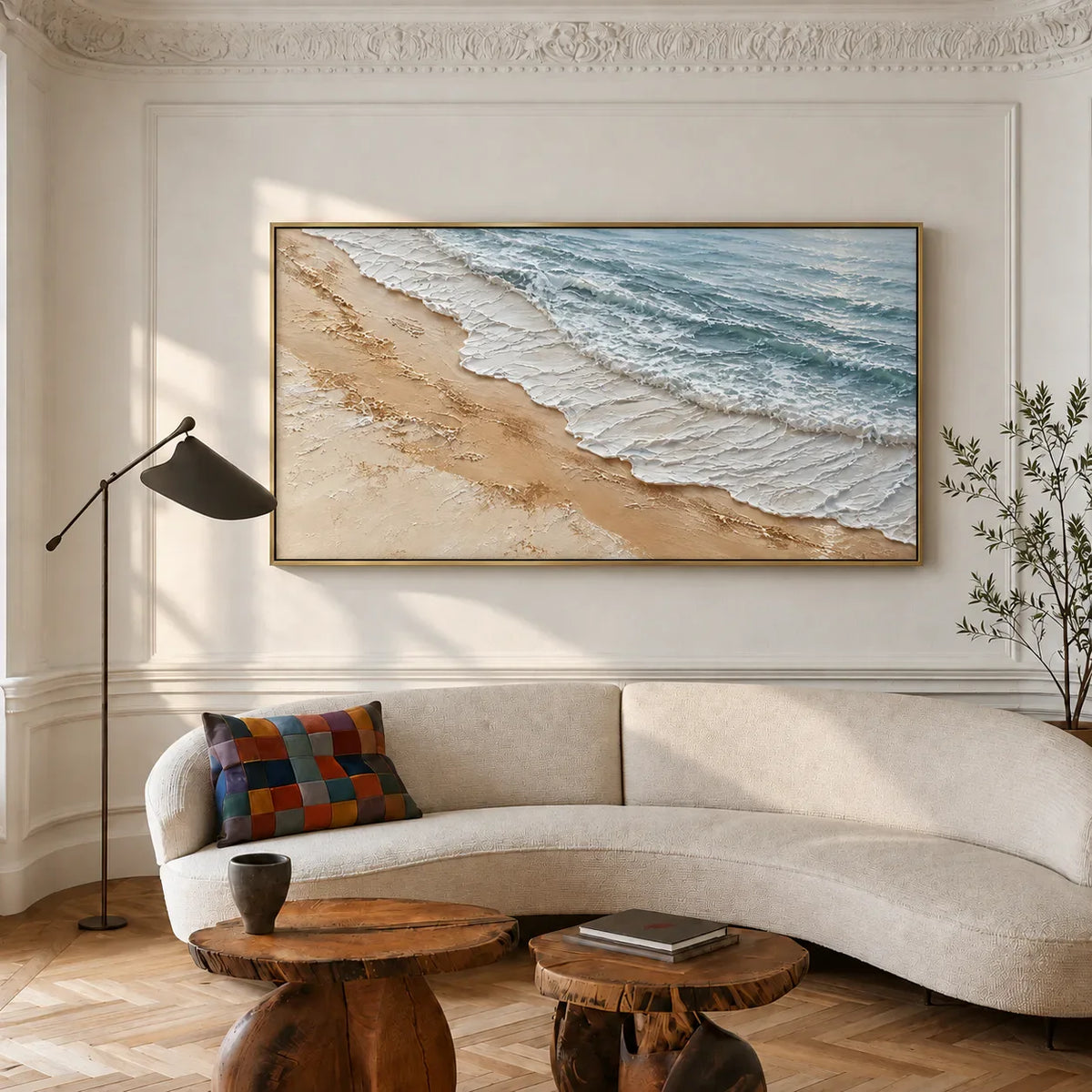 Foamy Surf Along a Golden Sand Shore Wall Art styled interior scene 5 | Olyrel