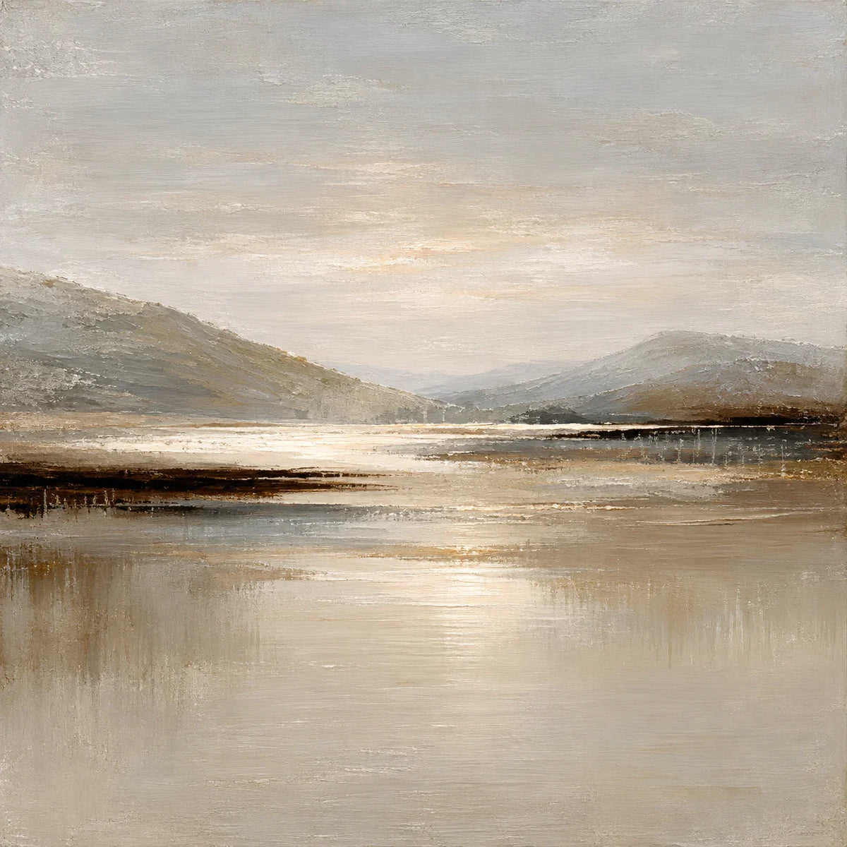 Quiet Mountain Lake with a Pale Golden Glow Wall Art artwork view | Olyrel