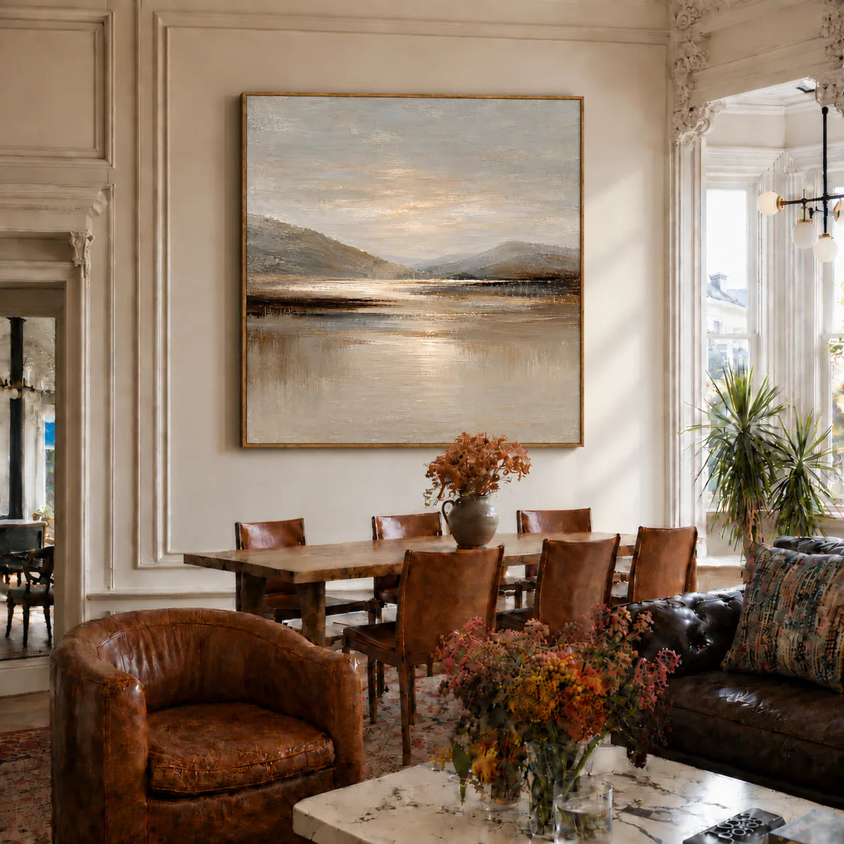 Quiet Mountain Lake with a Pale Golden Glow Wall Art styled interior scene 1 | Olyrel