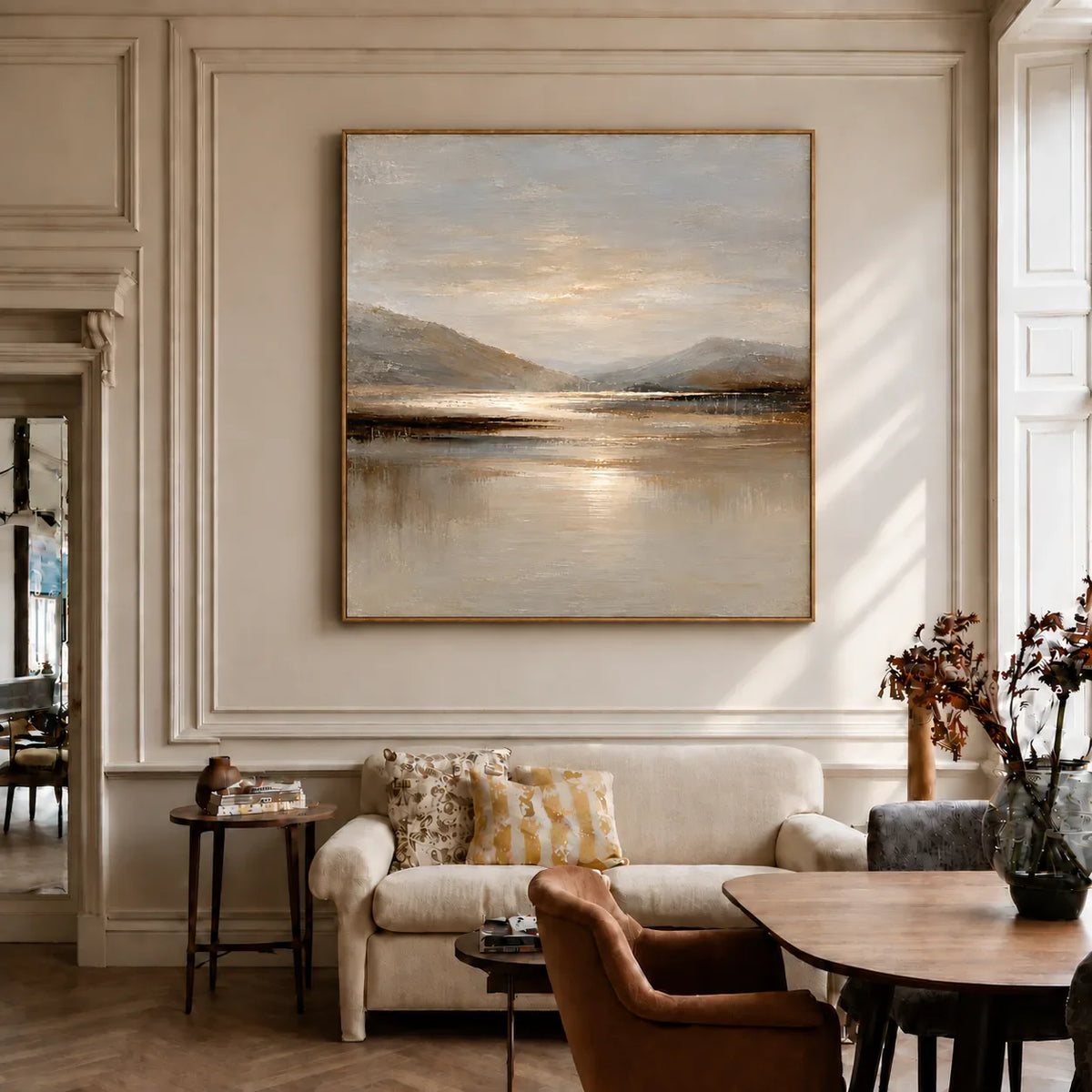 Quiet Mountain Lake with a Pale Golden Glow Wall Art styled interior scene 2 | Olyrel