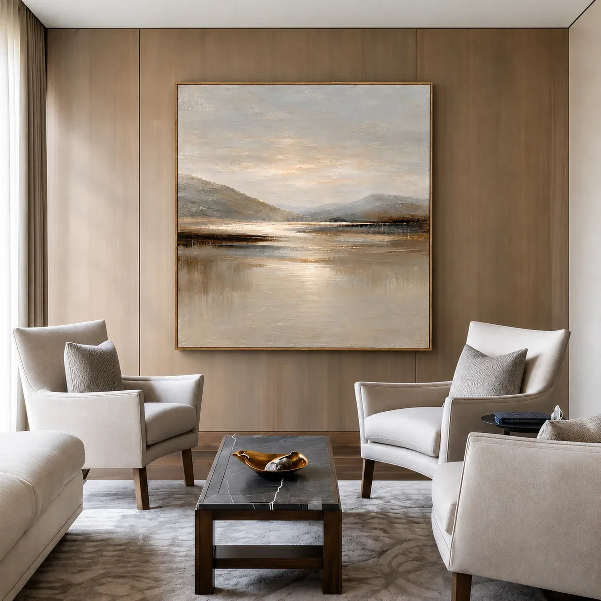 Quiet Mountain Lake with a Pale Golden Glow Wall Art styled interior scene 5 | Olyrel