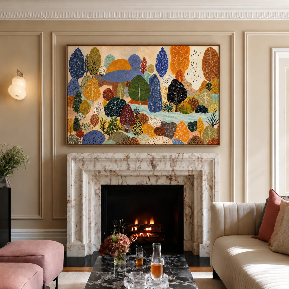 Dotted Woodland in Blue and Autumn Gold Wall Art styled interior scene 1 | Olyrel