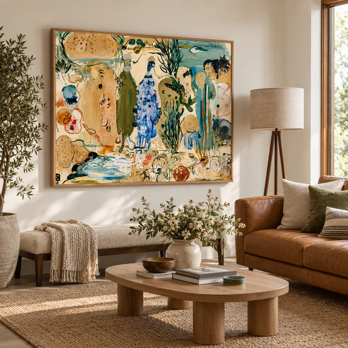Cobalt Forms in an Ochre Fantasy Garden Wall Art styled interior scene 4 | Olyrel