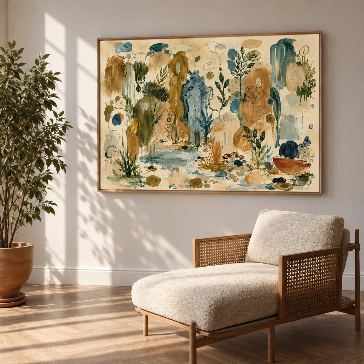 Ochre and Teal Botanical Daydream Wall Art styled interior scene 3 | Olyrel