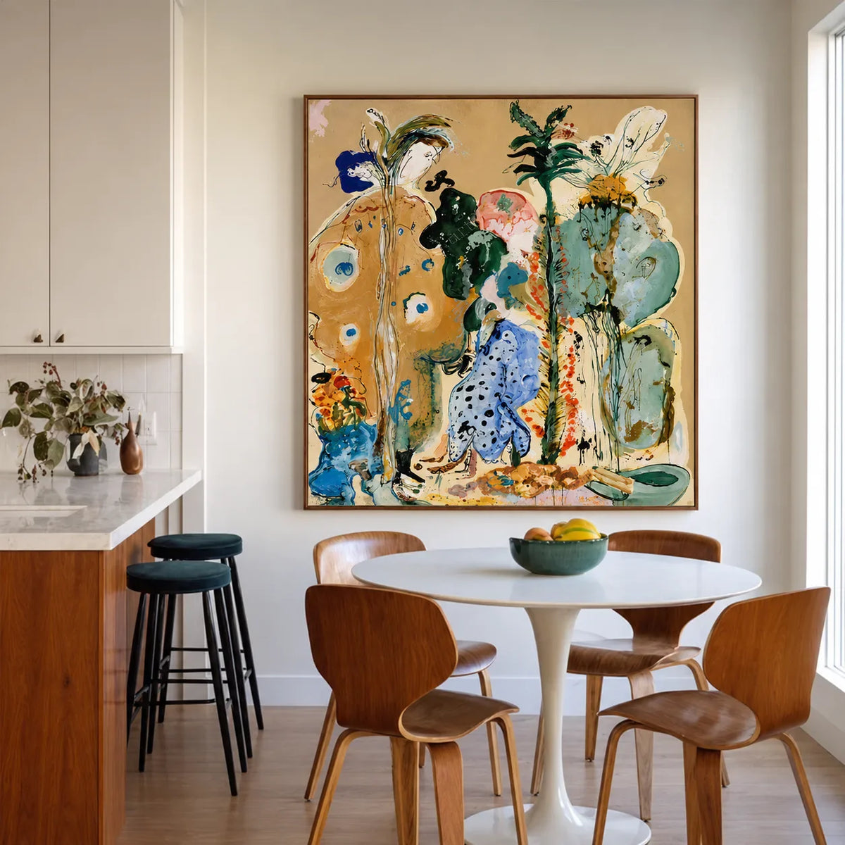 Golden Stems and Blue Dots in a Wild Garden Wall Art styled interior scene 2 | Olyrel