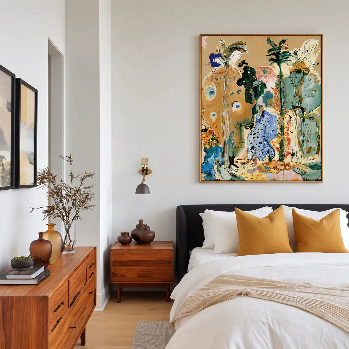 Golden Stems and Blue Dots in a Wild Garden Wall Art styled interior scene 4 | Olyrel