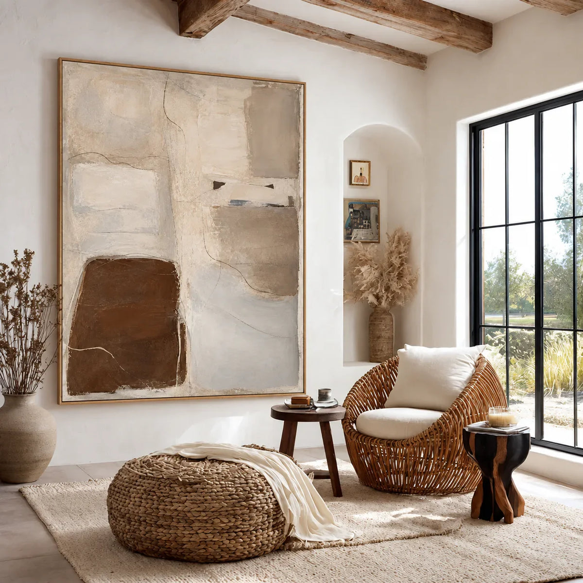 Soft Taupe Blocks with a Deep Brown Accent Wall Art styled interior scene 2 | Olyrel