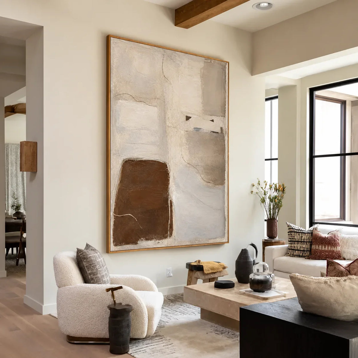 Soft Taupe Blocks with a Deep Brown Accent Wall Art styled interior scene 4 | Olyrel