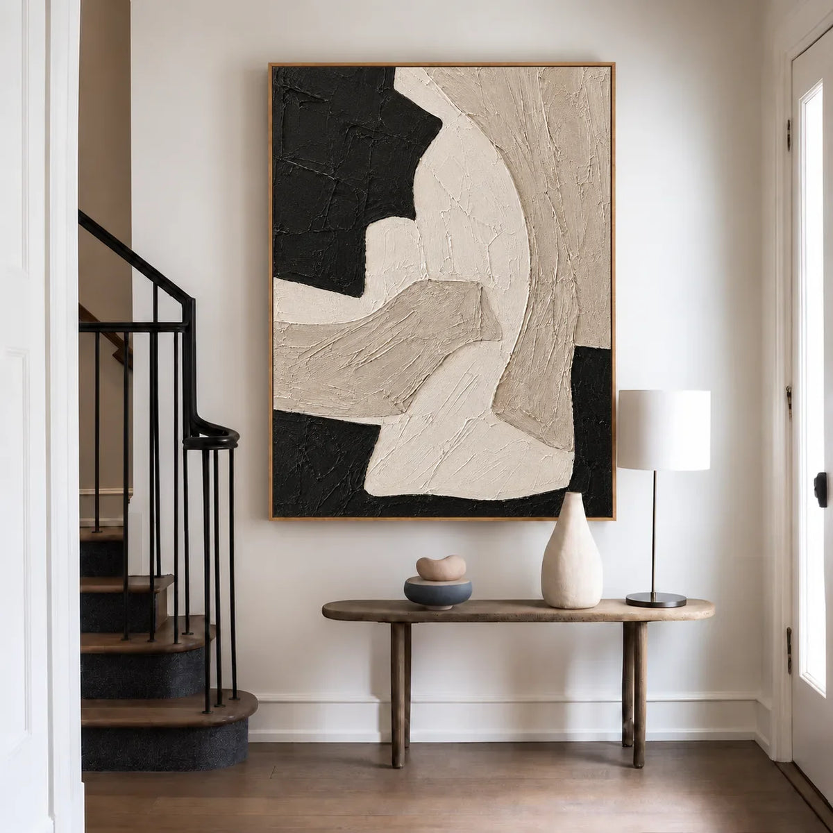 Sweeping Ivory Forms on Textured Black Wall Art styled interior scene 1 | Olyrel