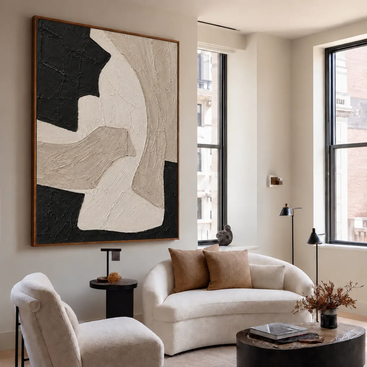 Sweeping Ivory Forms on Textured Black Wall Art styled interior scene 2 | Olyrel