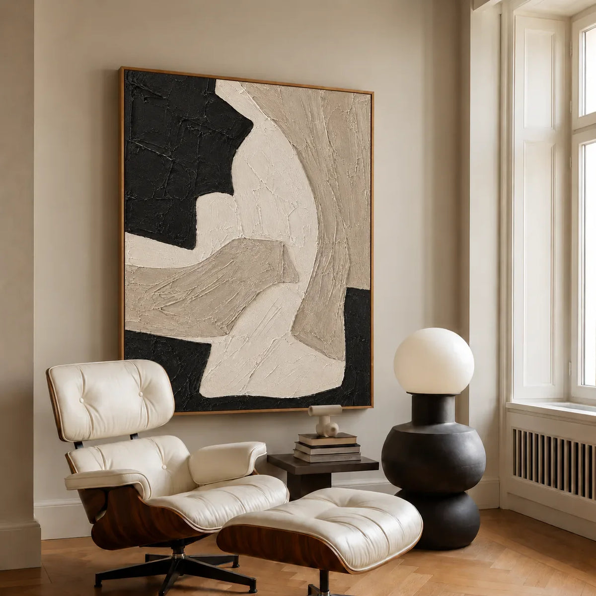 Sweeping Ivory Forms on Textured Black Wall Art styled interior scene 3 | Olyrel