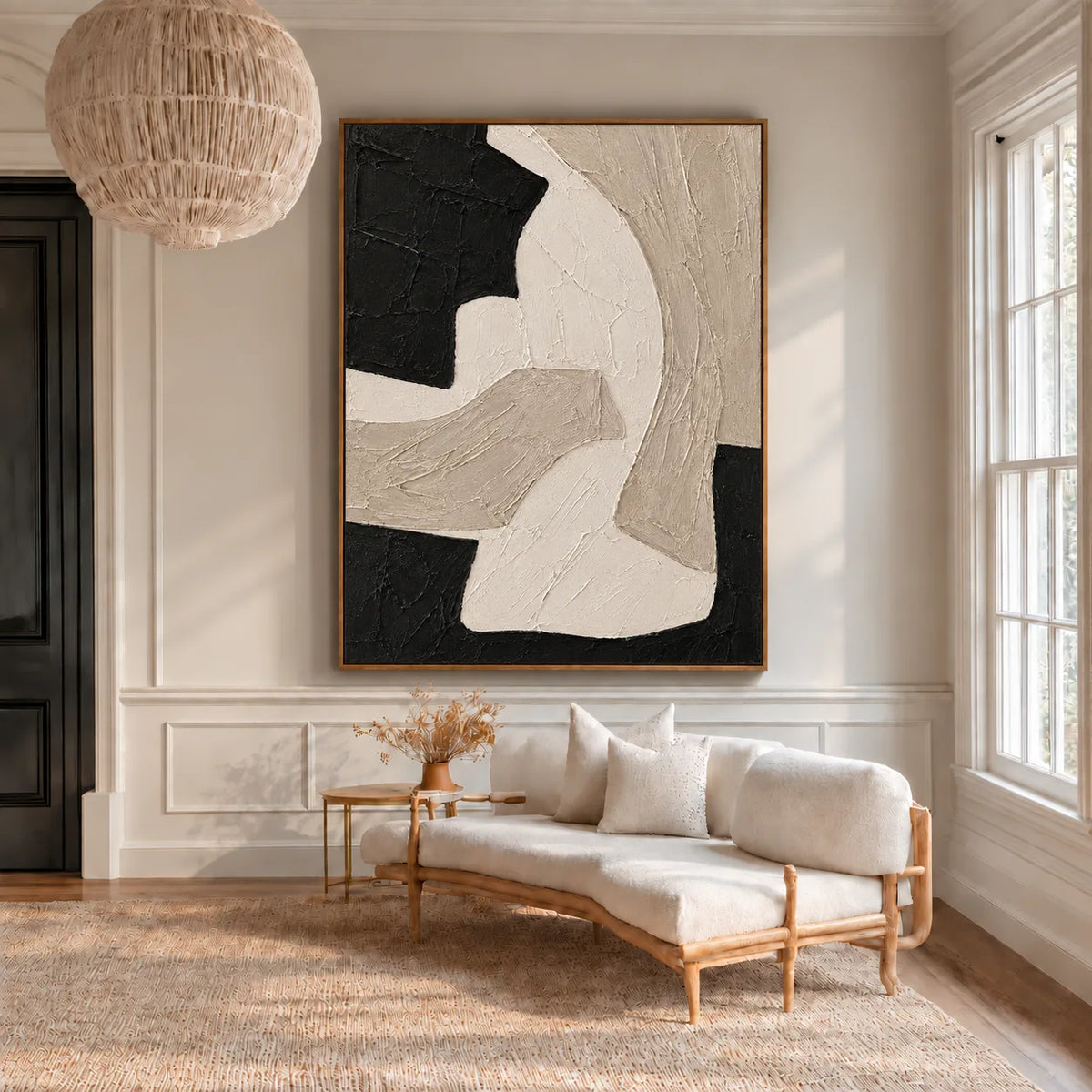 Sweeping Ivory Forms on Textured Black Wall Art styled interior scene 4 | Olyrel