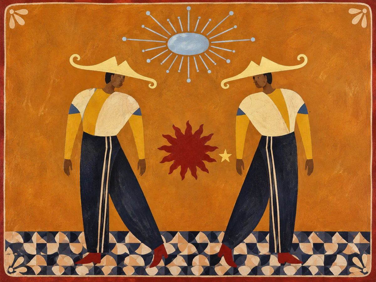 Golden Hat Dancers Beneath a Blue Sun Wall Art artwork view | Olyrel