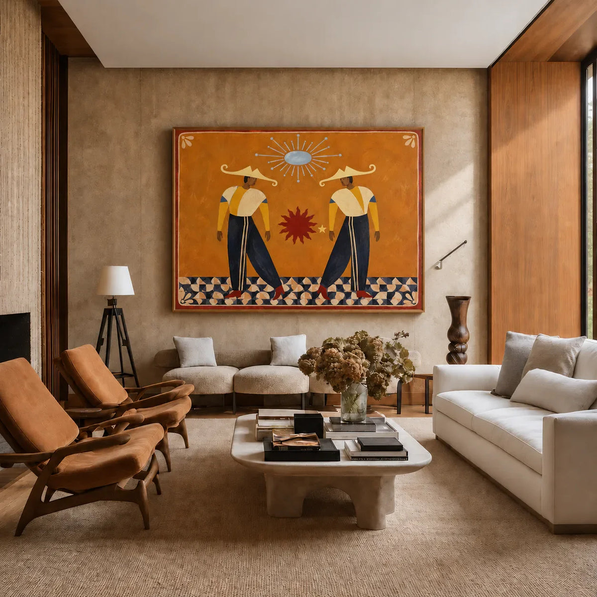 Golden Hat Dancers Beneath a Blue Sun Wall Art styled interior scene 2 | Olyrel