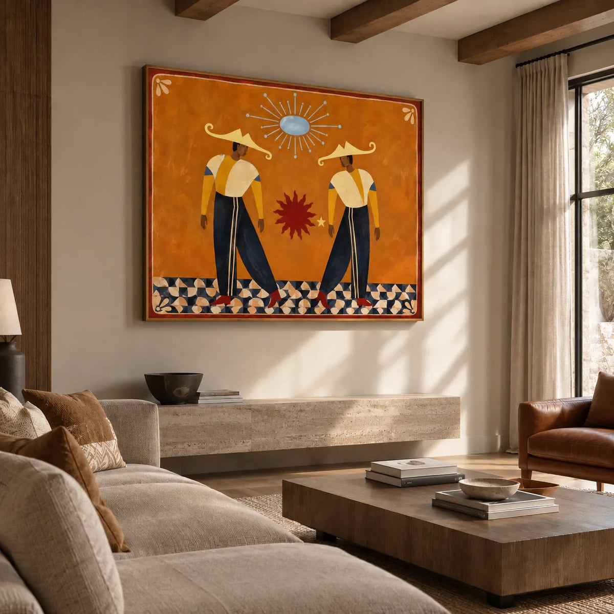 Golden Hat Dancers Beneath a Blue Sun Wall Art styled interior scene 5 | Olyrel