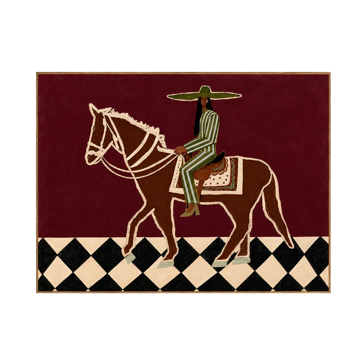 Green Striped Rider on a Burgundy Ground Wall Art | Olyrel