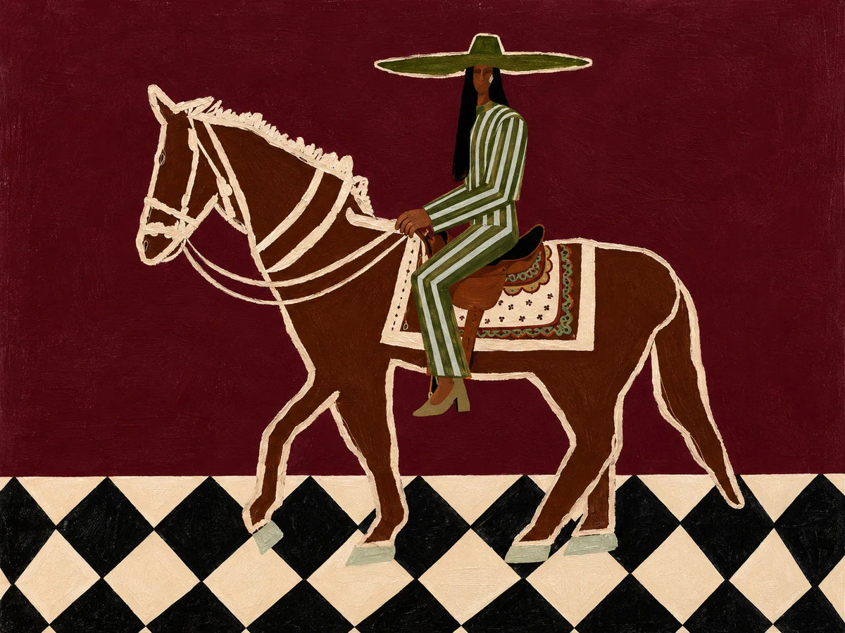 Green Striped Rider on a Burgundy Ground Wall Art artwork view | Olyrel