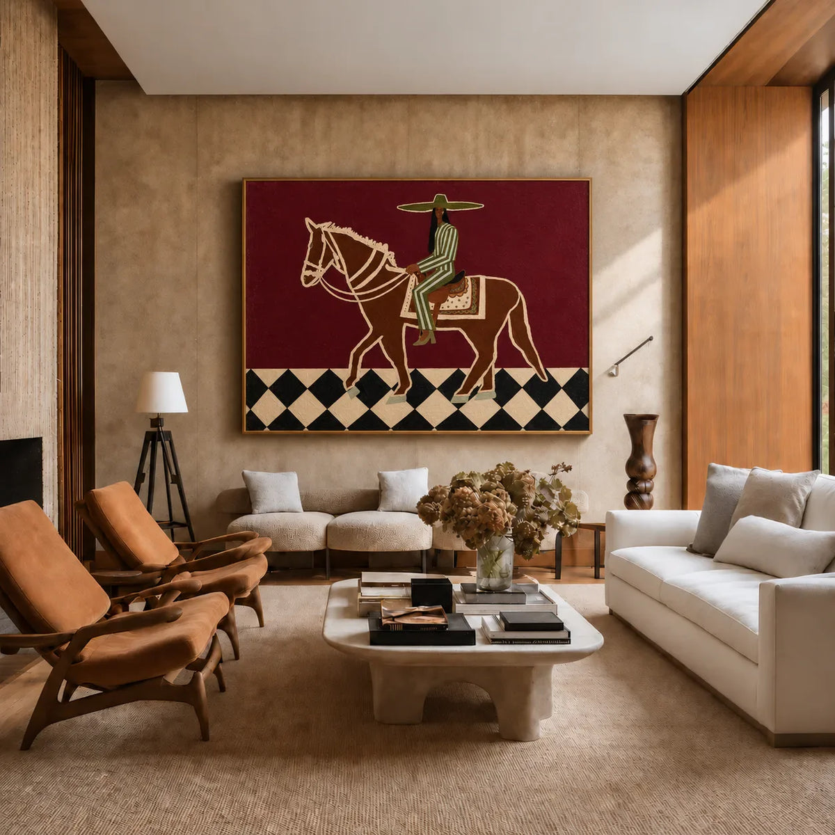 Green Striped Rider on a Burgundy Ground Wall Art styled interior scene 2 | Olyrel