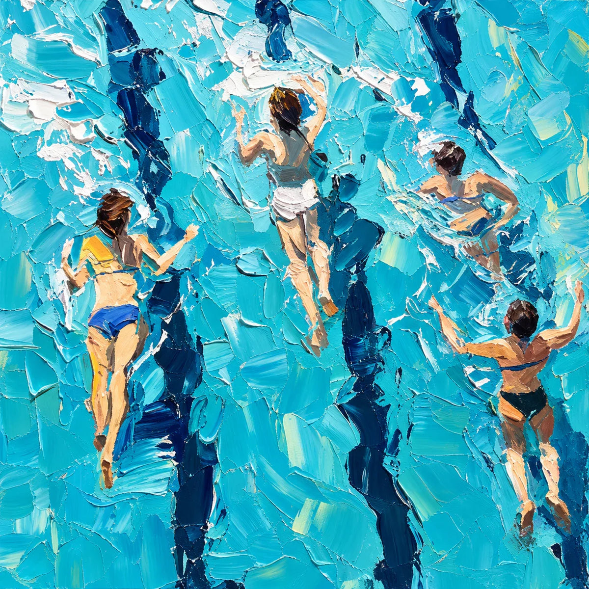 Four Swimmers in Brilliant Turquoise Water Wall Art artwork view | Olyrel