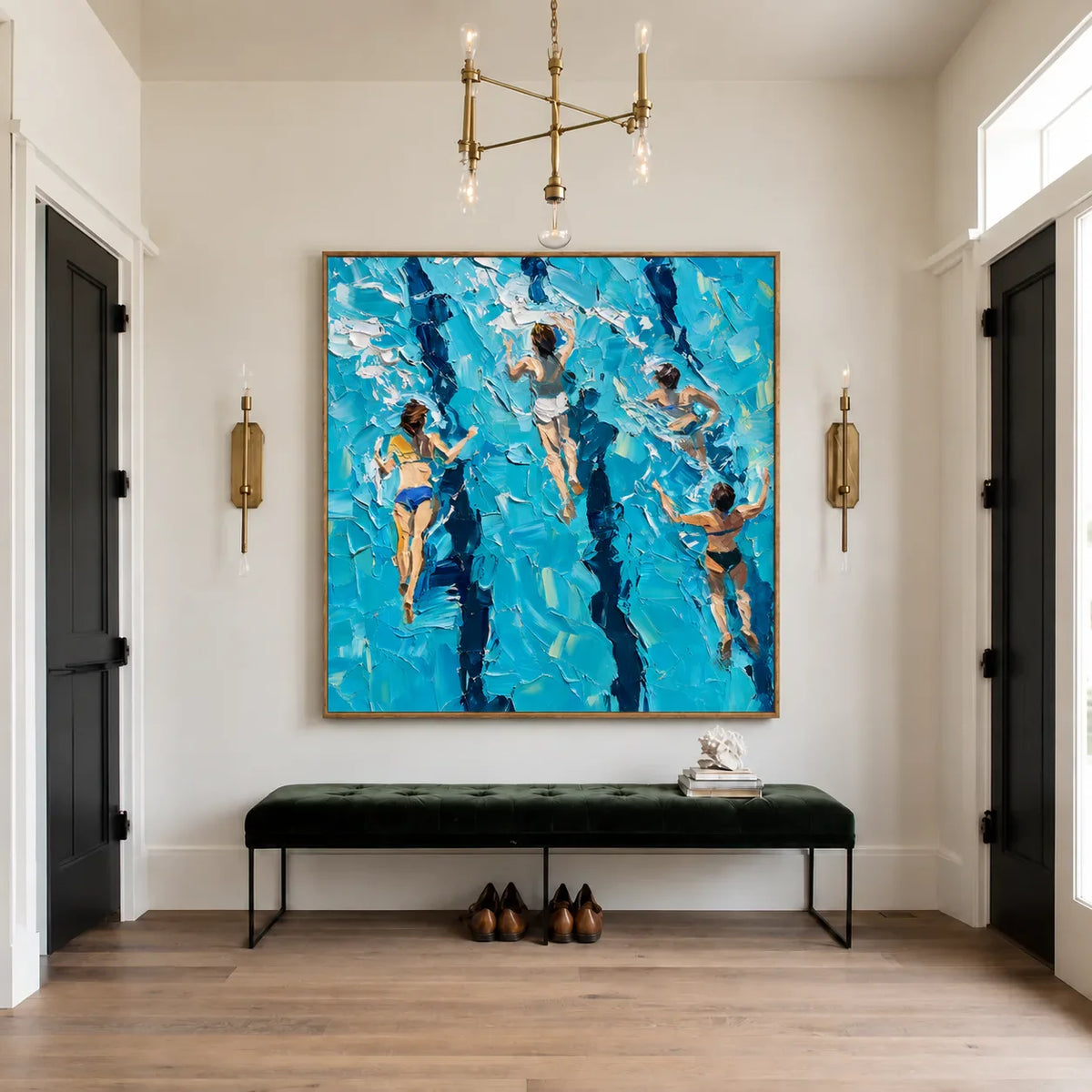 Four Swimmers in Brilliant Turquoise Water Wall Art styled interior scene 5 | Olyrel