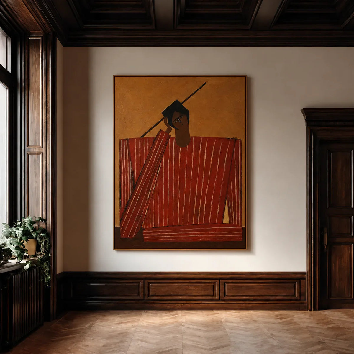 Quiet Figure in Red Stripes and Ochre Wall Art styled interior scene 2 | Olyrel