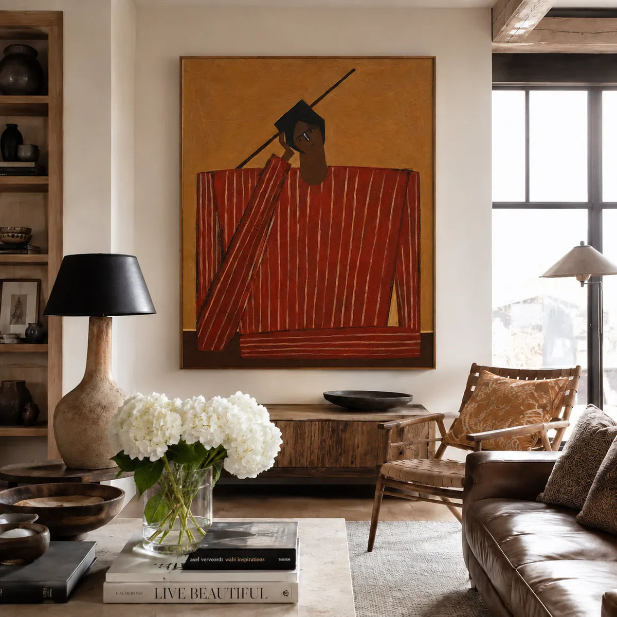 Quiet Figure in Red Stripes and Ochre Wall Art styled interior scene 5 | Olyrel