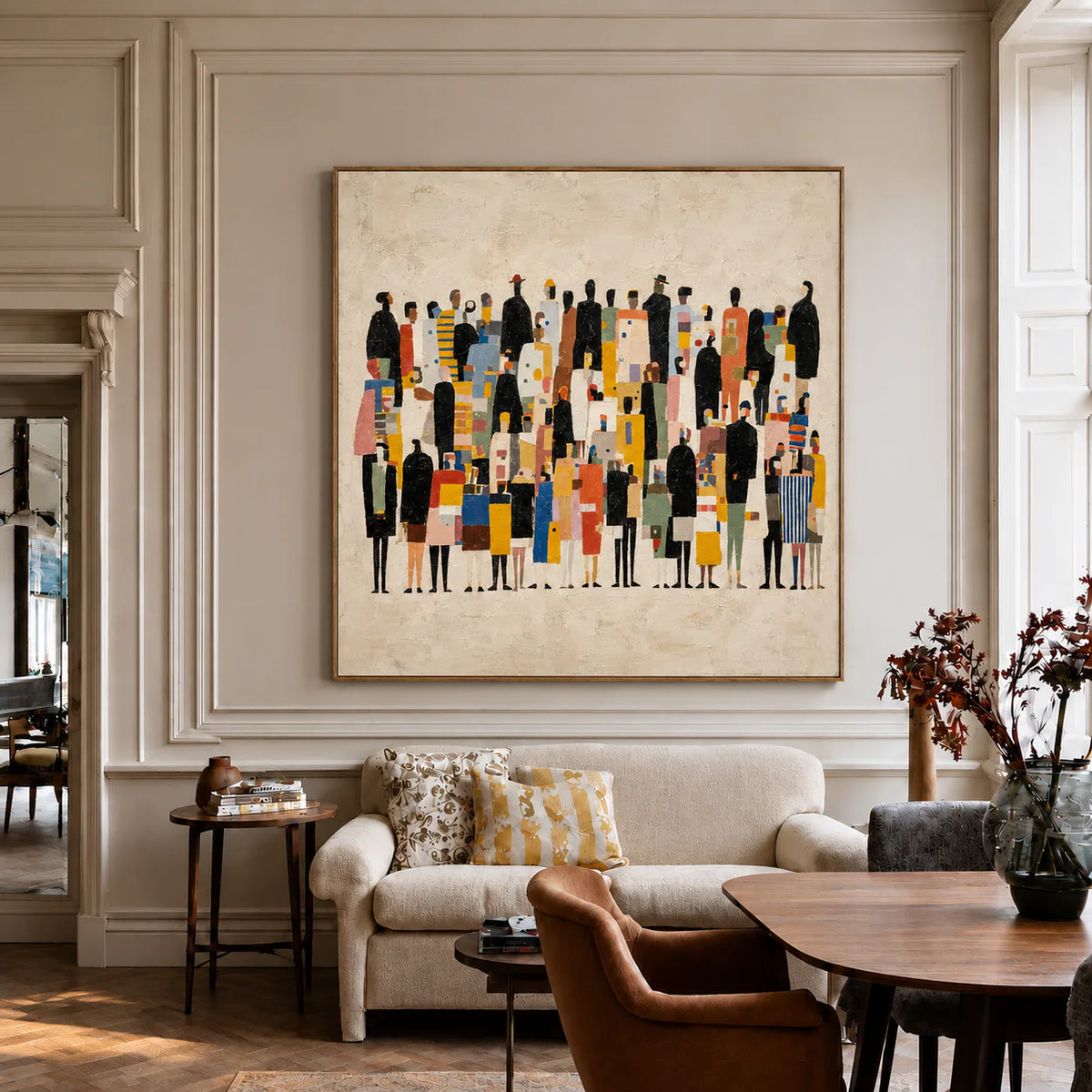 Colorful Gathering on a Cream Ground Wall Art styled interior scene 3 | Olyrel