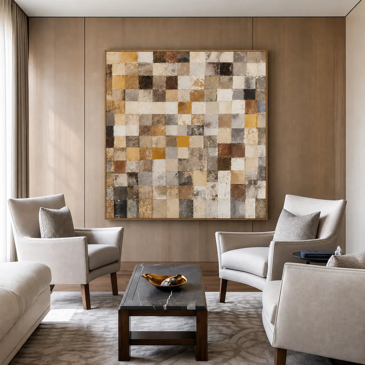 Warm Ochre and Stone Checkerboard Wall Art styled interior scene 2 | Olyrel
