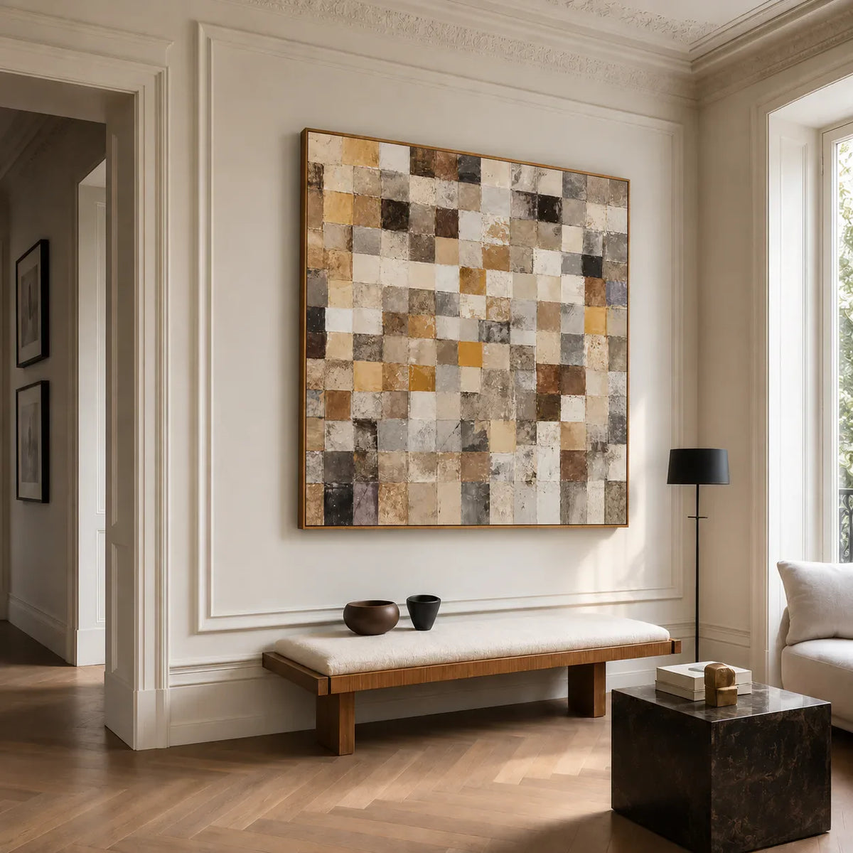 Warm Ochre and Stone Checkerboard Wall Art styled interior scene 4 | Olyrel
