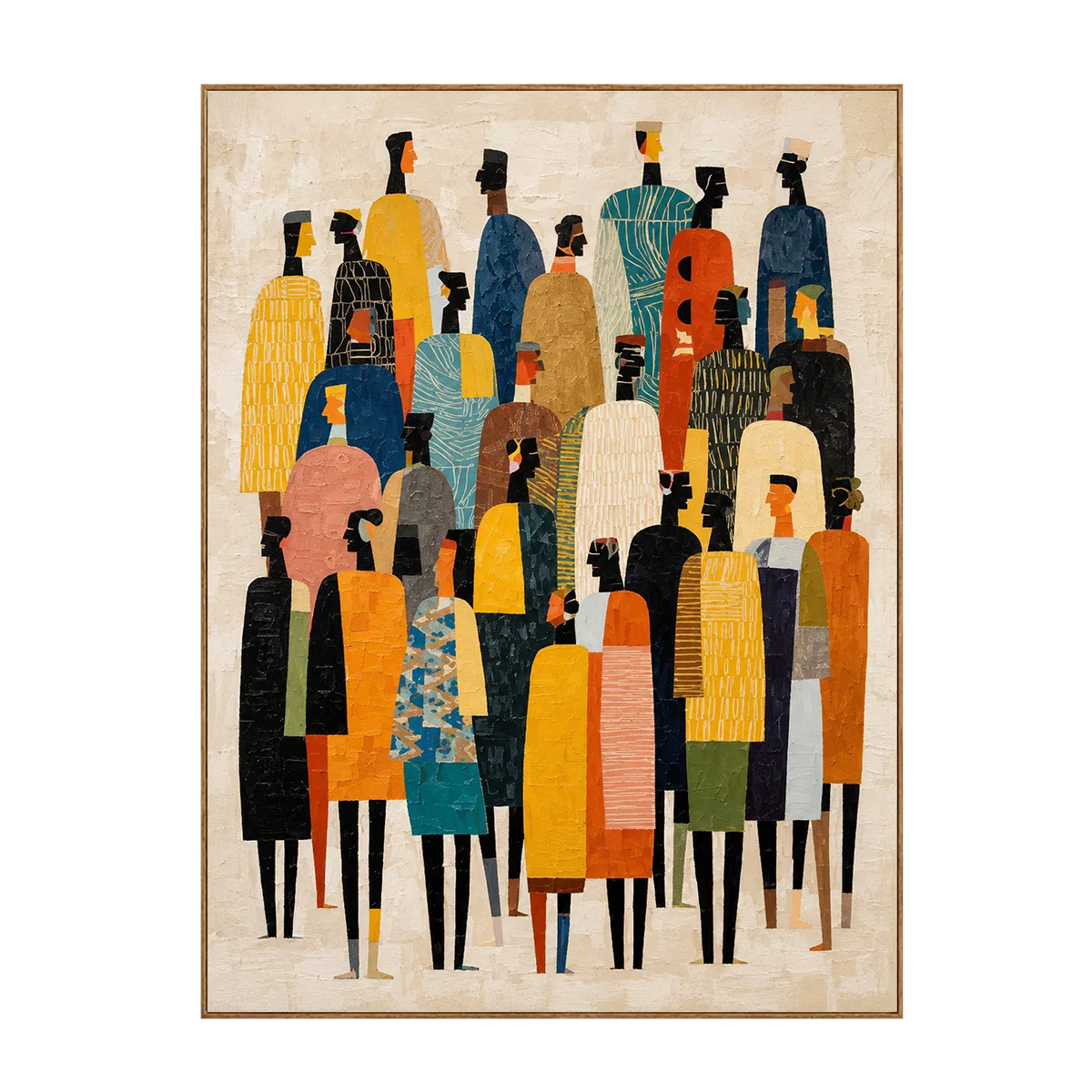 Tall Gathering in Mustard Teal and Black Wall Art | Olyrel