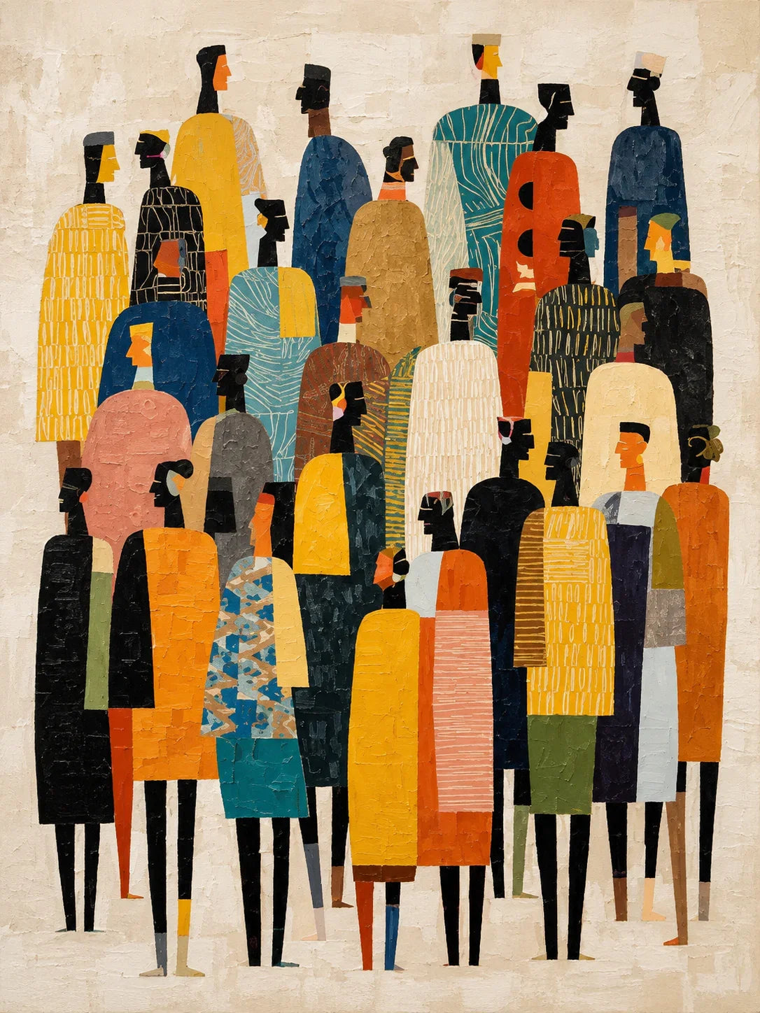 Tall Gathering in Mustard Teal and Black Wall Art artwork view | Olyrel