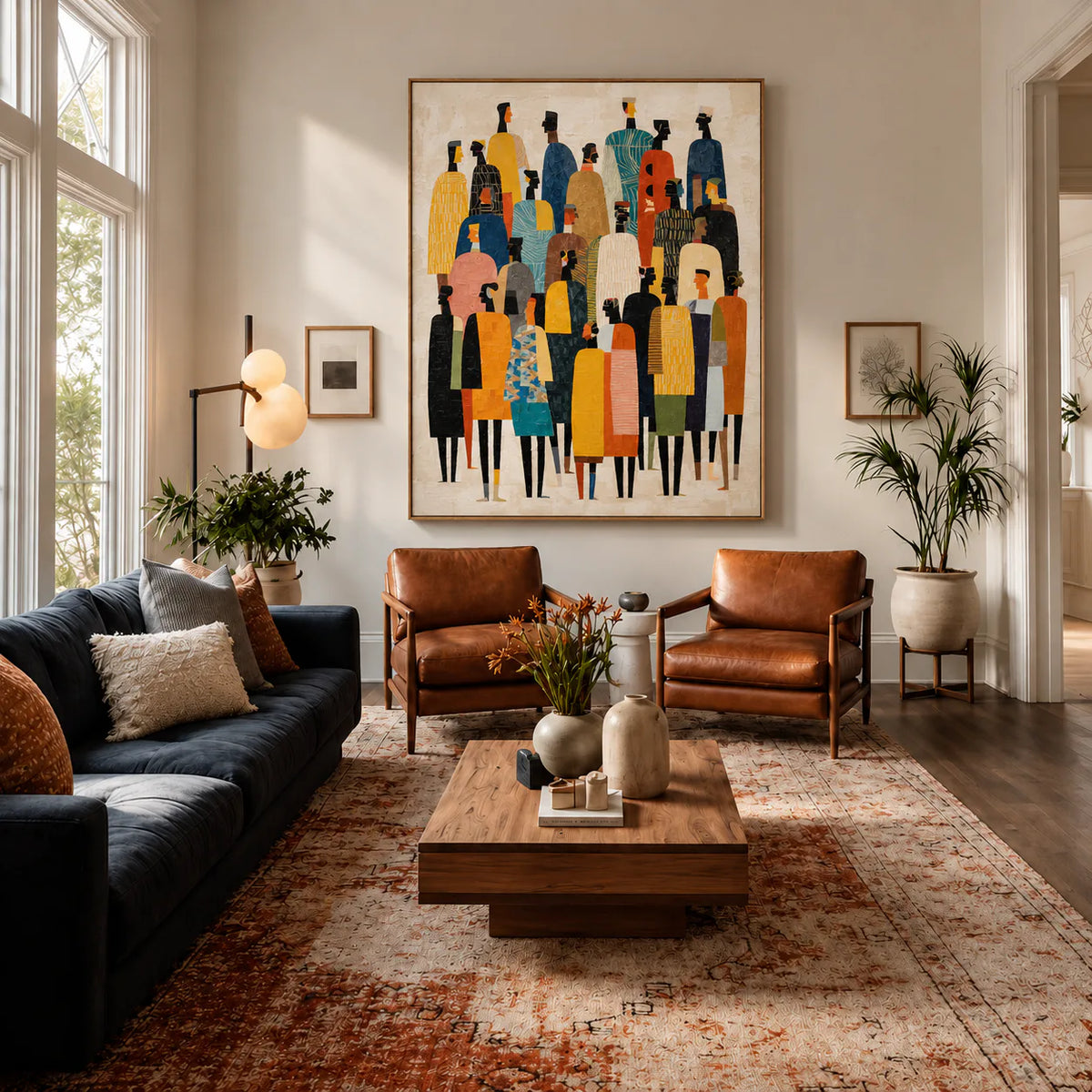 Tall Gathering in Mustard Teal and Black Wall Art styled interior scene 2 | Olyrel