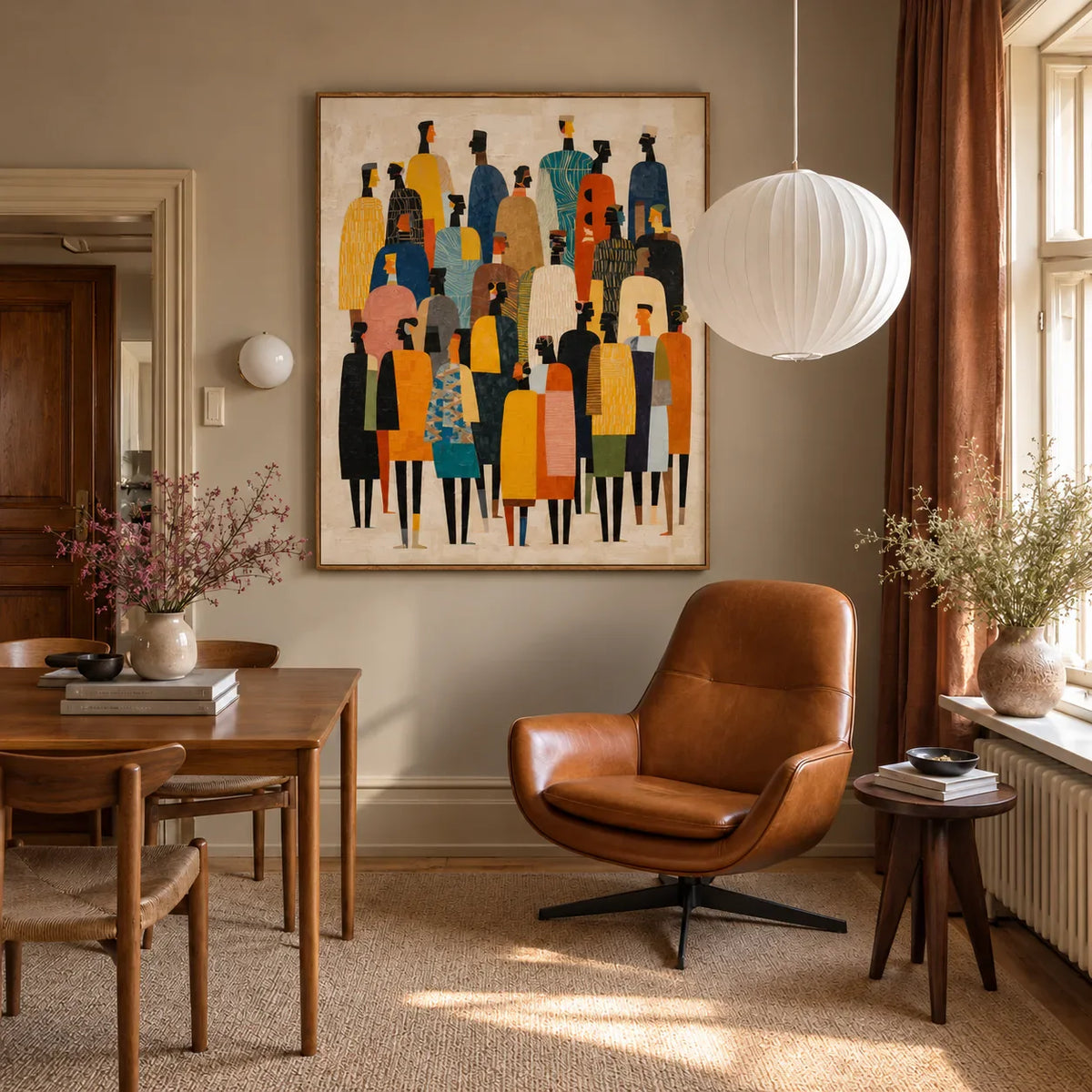 Tall Gathering in Mustard Teal and Black Wall Art styled interior scene 5 | Olyrel
