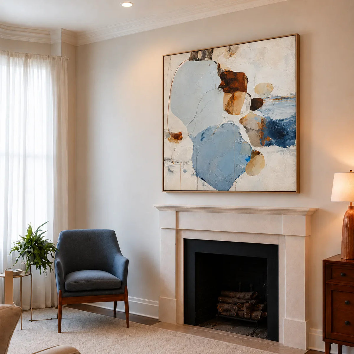 Pale Blue Pebble Forms with Rust Accents Wall Art styled interior scene 1 | Olyrel