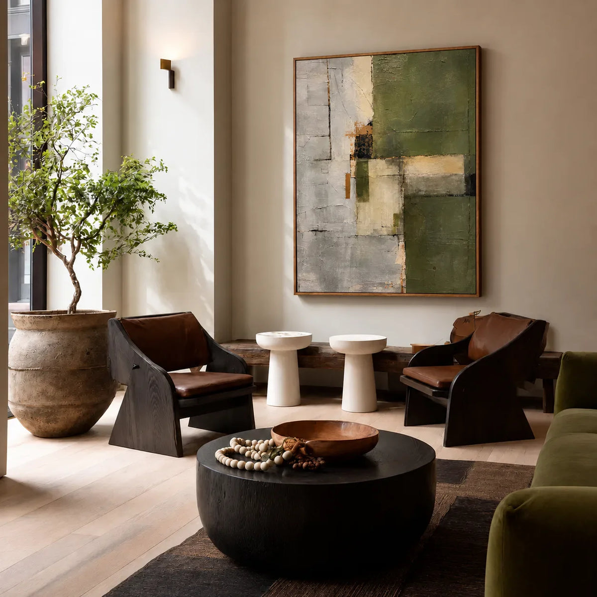 Olive Green Planes and Pale Stone Layers Wall Art styled interior scene 4 | Olyrel
