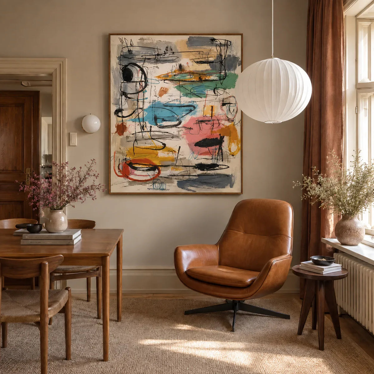 Colorful Loops and Spontaneous Black Lines Wall Art styled interior scene 4 | Olyrel