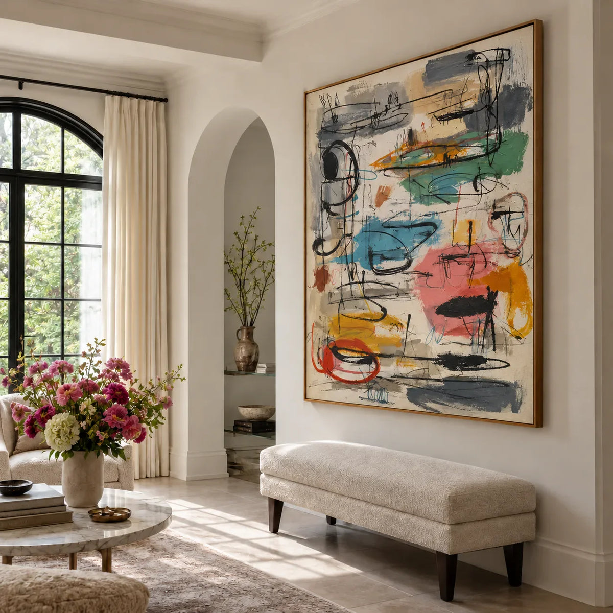 Colorful Loops and Spontaneous Black Lines Wall Art styled interior scene 5 | Olyrel