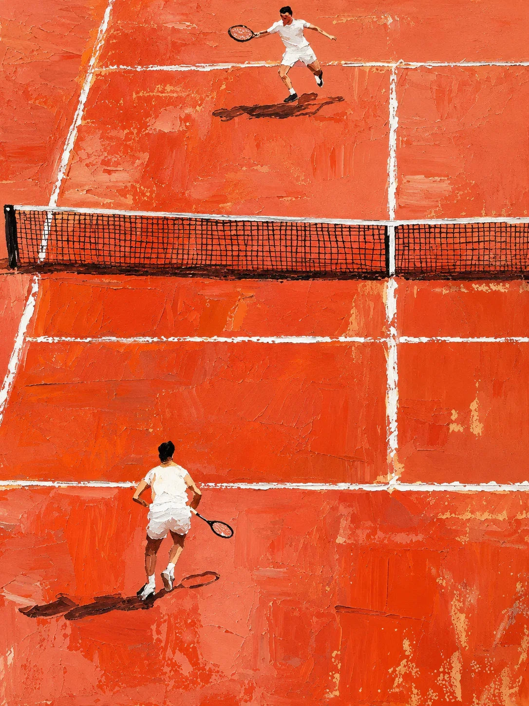 Sunlit Tennis Rally on an Orange Court Wall Art artwork view | Olyrel