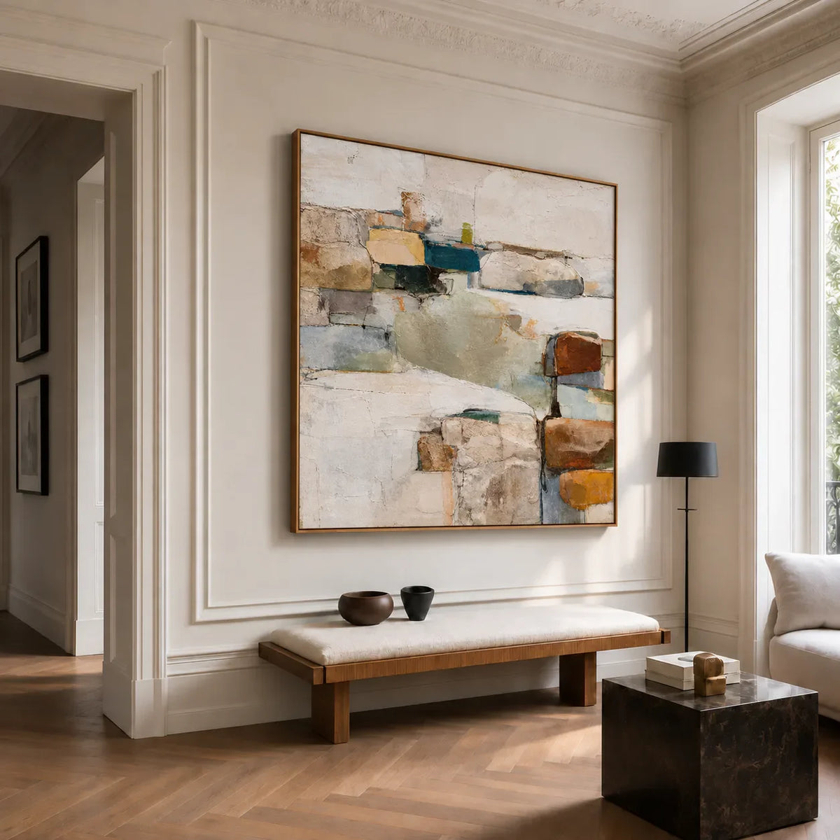 Teal and Ochre Textured Abstract Wall Art styled interior scene 5 | Olyrel