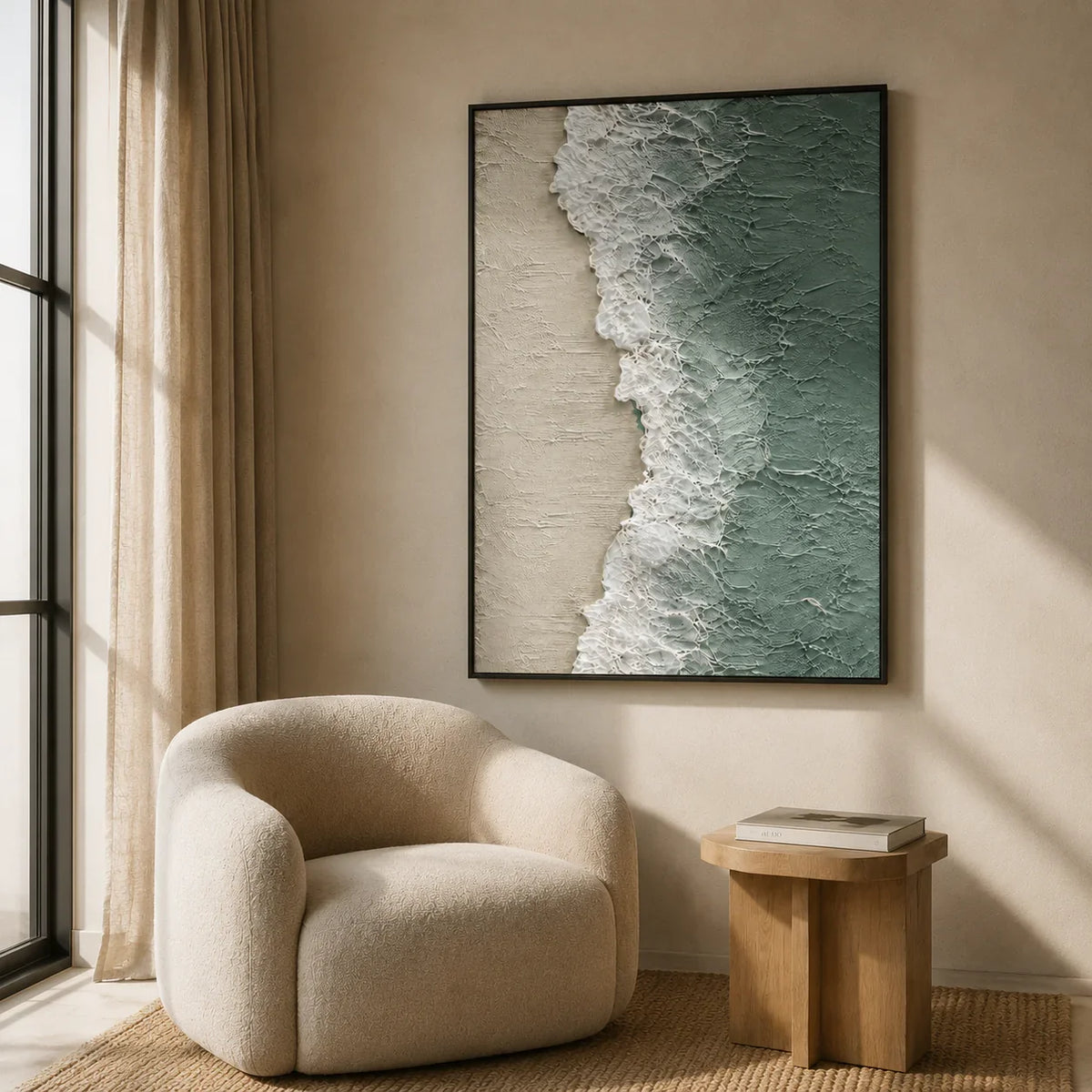 Seafoam Edge Coastal Wall Art styled in a reading corner | Olyrel