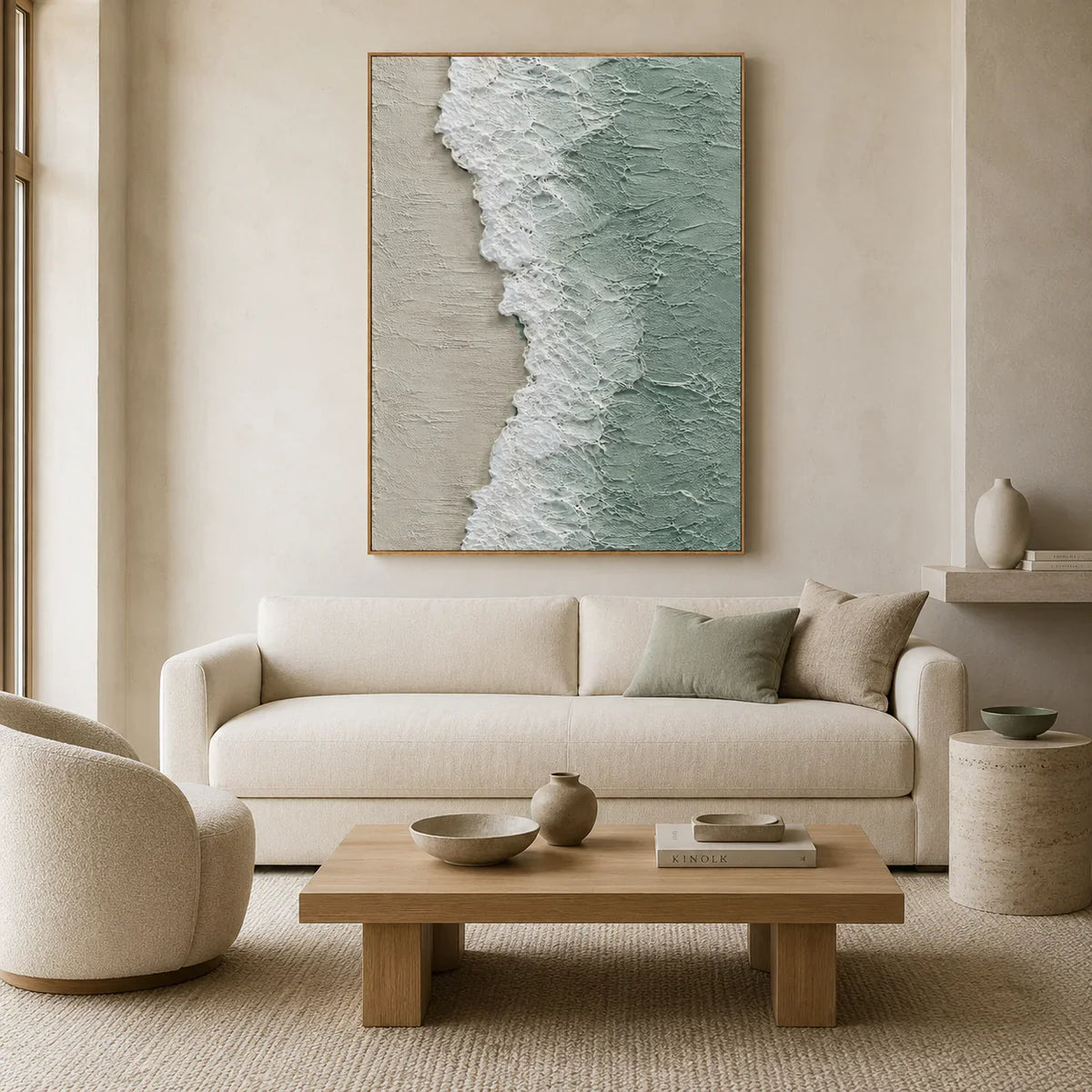 Seafoam Edge Coastal Wall Art styled in a living room | Olyrel