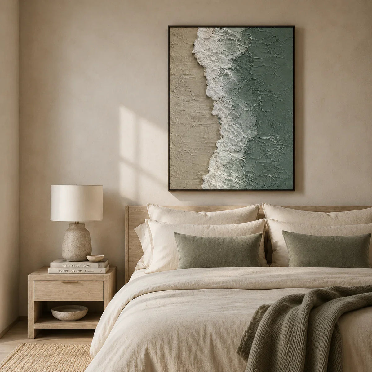 Seafoam Edge Coastal Wall Art styled in a bedroom | Olyrel