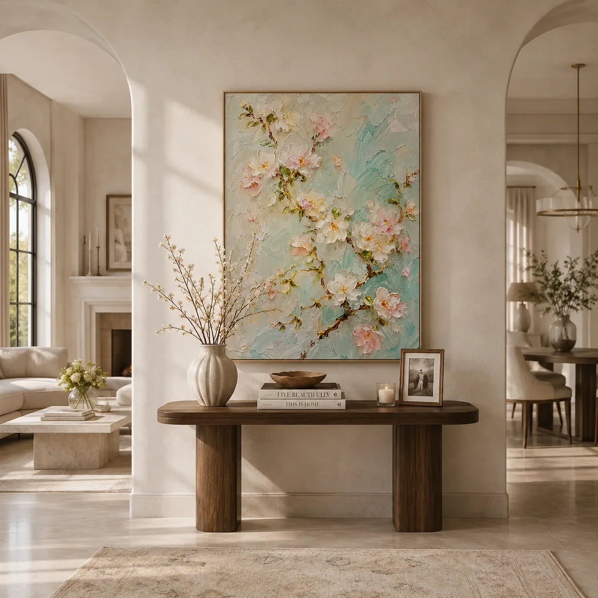 Aqua Blossom Floral Wall Art styled in a modern living room | Olyrel