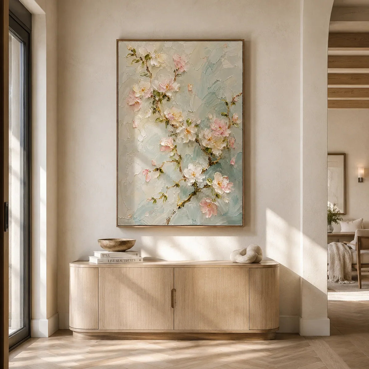 Aqua Blossom Floral Wall Art styled in a contemporary entryway | Olyrel