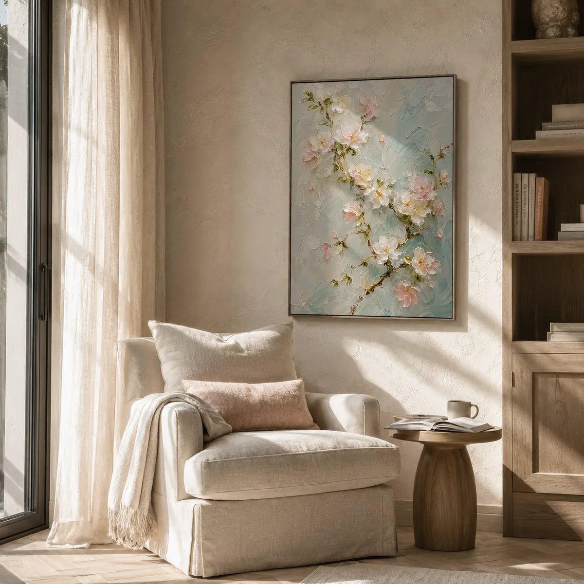 Aqua Blossom Floral Wall Art styled in a contemporary entryway | Olyrel